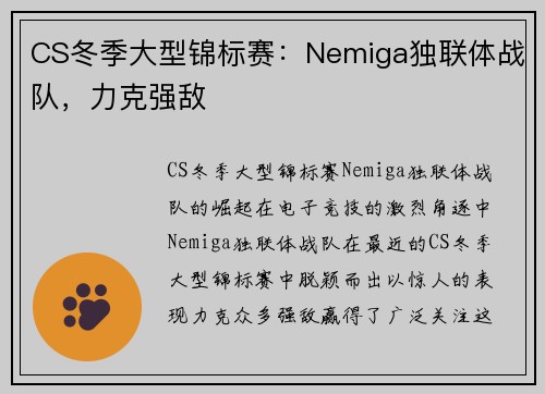 CS冬季大型锦标赛：Nemiga独联体战队，力克强敌
