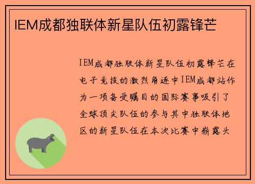 IEM成都独联体新星队伍初露锋芒