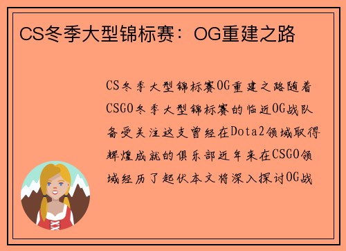 CS冬季大型锦标赛：OG重建之路