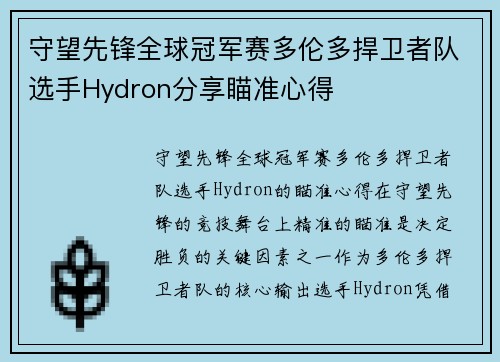 守望先锋全球冠军赛多伦多捍卫者队选手Hydron分享瞄准心得